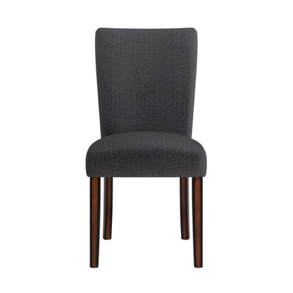 Set of 2 upholstered Parson dining chairs in dark charcoal grey fabric with espresso wood legs and high backs, ideal for formal and casual dining spaces.

