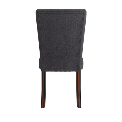 Set of 2 upholstered Parson dining chairs in dark charcoal grey fabric with espresso wood legs and high backs, ideal for formal and casual dining spaces.

