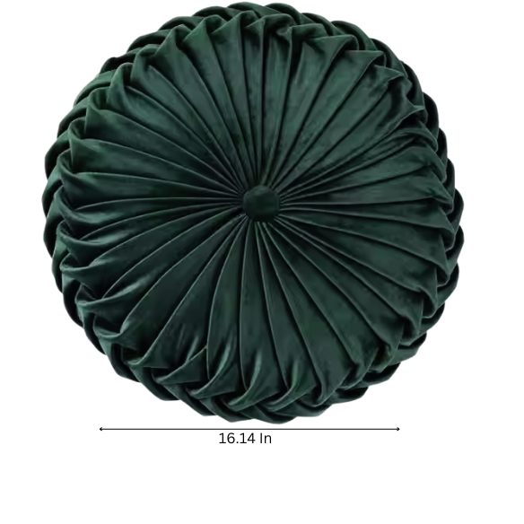Dark Green Velvet Round Throw Pillow with Ribbed Edges – Soft Cotton Fill and Elegant Design