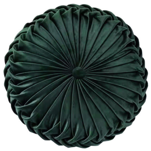 Dark Green Velvet Round Throw Pillow with Ribbed Edges – Soft Cotton Fill and Elegant Design
