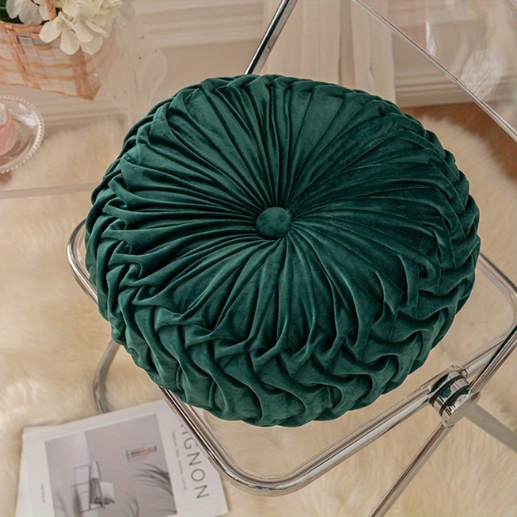 Dark Green Velvet Round Throw Pillow with Ribbed Edges – Soft Cotton Fill and Elegant Design