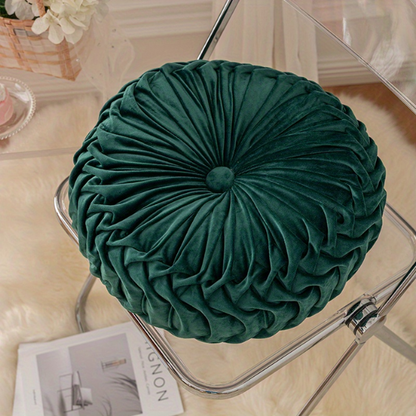 Dark Green Velvet Round Throw Pillow with Ribbed Edges – Soft Cotton Fill and Elegant Design