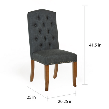 Set of 2 dark grey button-tufted farmhouse dining chairs with rustic wood legs, nailhead trim, and upholstered linen-like fabric.

