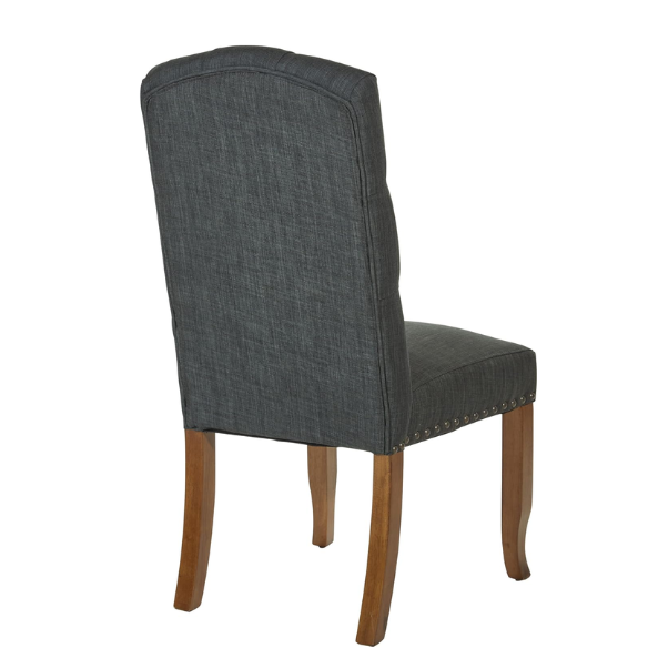 Set of 2 dark grey button-tufted farmhouse dining chairs with rustic wood legs, nailhead trim, and upholstered linen-like fabric.

