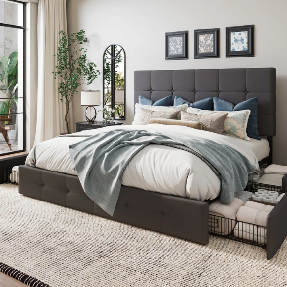Dark grey polyester queen bed with square-tufted adjustable headboard and four underbed storage drawers.

