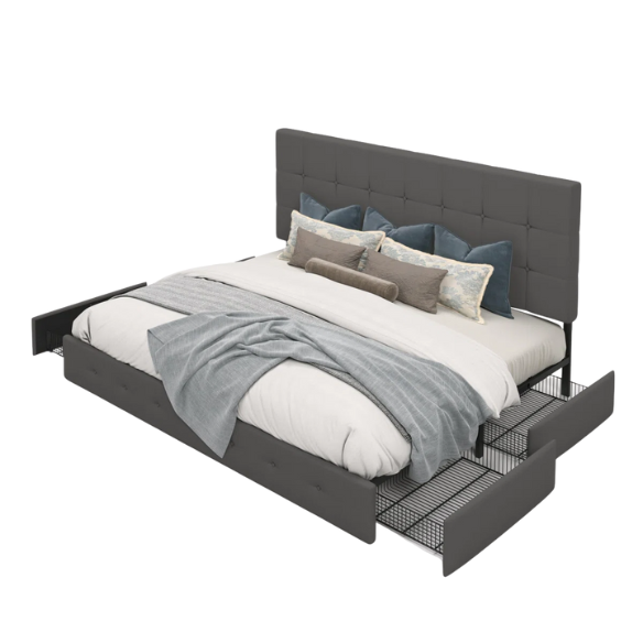 Dark grey polyester queen bed with square-tufted adjustable headboard and four underbed storage drawers.


