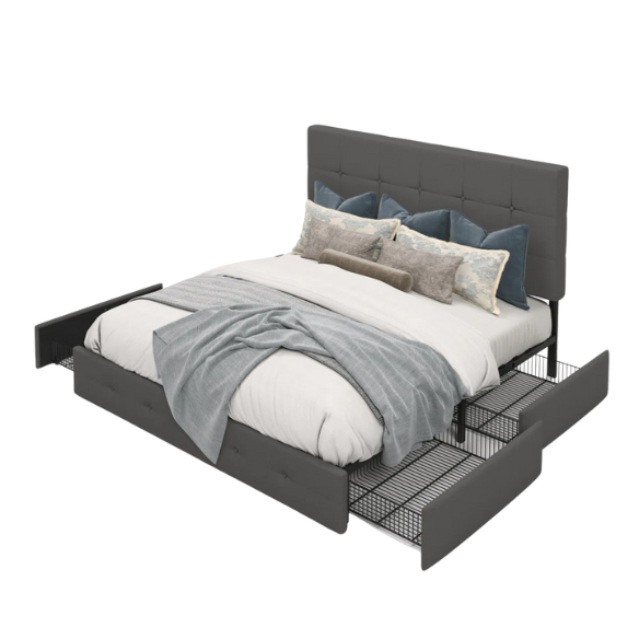 Dark grey polyester queen bed with square-tufted adjustable headboard and four underbed storage drawers.

