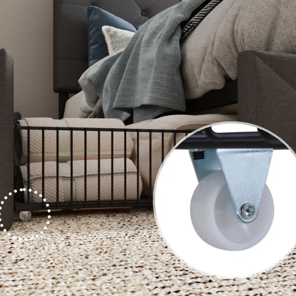 Dark grey polyester queen bed with square-tufted adjustable headboard and four underbed storage drawers.

