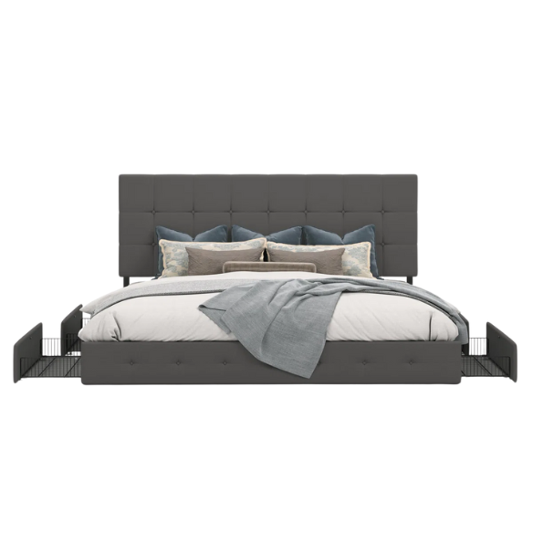 Dark grey polyester queen bed with square-tufted adjustable headboard and four underbed storage drawers.


