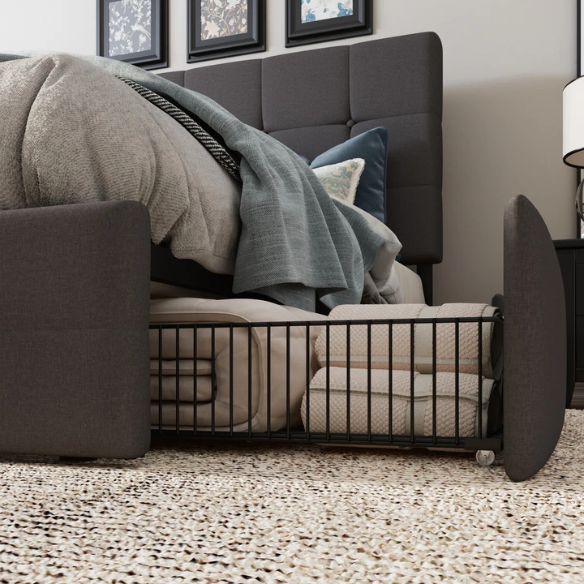 Dark grey polyester queen bed with square-tufted adjustable headboard and four underbed storage drawers.


