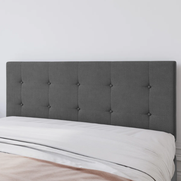 Dark grey polyester queen bed with square-tufted adjustable headboard and four underbed storage drawers.

