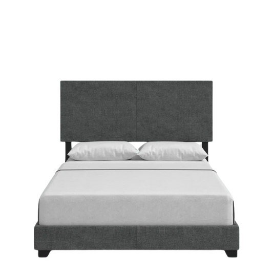 Modern dark grey upholstered bed frame with rectangular padded headboard, low-profile design, and solid wood construction – Full size.

