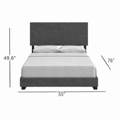 Modern dark grey upholstered bed frame with rectangular padded headboard, low-profile design, and solid wood construction – Full size.

