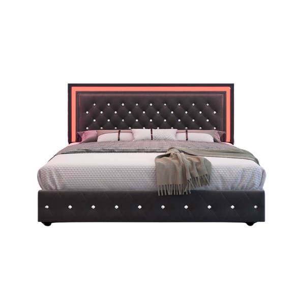 Dark grey full size velvet upholstered bed with RGB LED-lit headboard and footboard, four underbed storage drawers, and adjustable tufted headboard