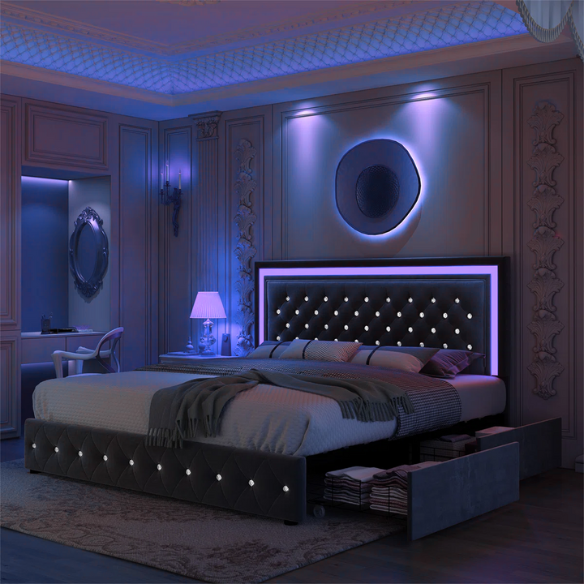 Dark grey full size velvet upholstered bed with RGB LED-lit headboard and footboard, four underbed storage drawers, and adjustable tufted headboard