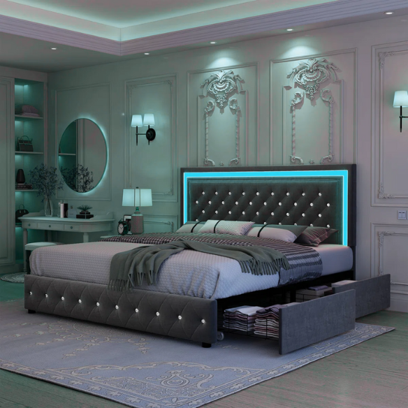 Dark grey full size velvet upholstered bed with RGB LED-lit headboard and footboard, four underbed storage drawers, and adjustable tufted headboard