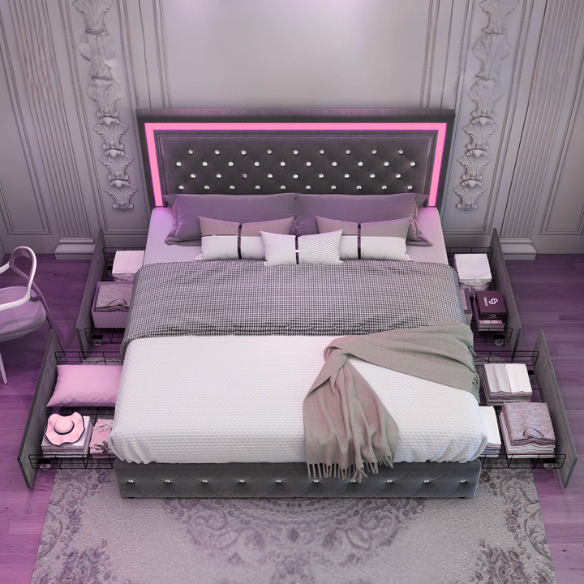 Dark grey full size velvet upholstered bed with RGB LED-lit headboard and footboard, four underbed storage drawers, and adjustable tufted headboard