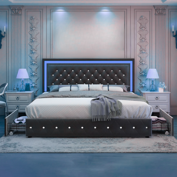 Dark grey full size velvet upholstered bed with RGB LED-lit headboard and footboard, four underbed storage drawers, and adjustable tufted headboard