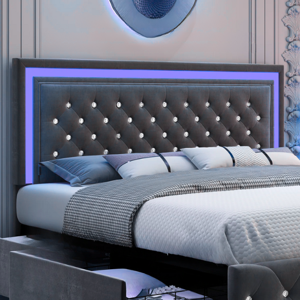 Dark grey full size velvet upholstered bed with RGB LED-lit headboard and footboard, four underbed storage drawers, and adjustable tufted headboard
