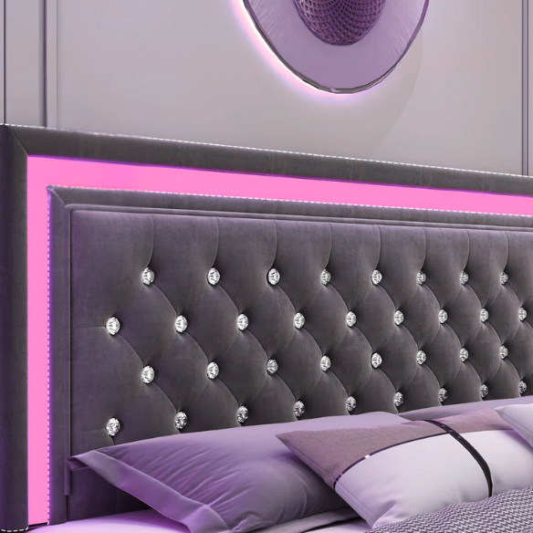 Dark grey full size velvet upholstered bed with RGB LED-lit headboard and footboard, four underbed storage drawers, and adjustable tufted headboard