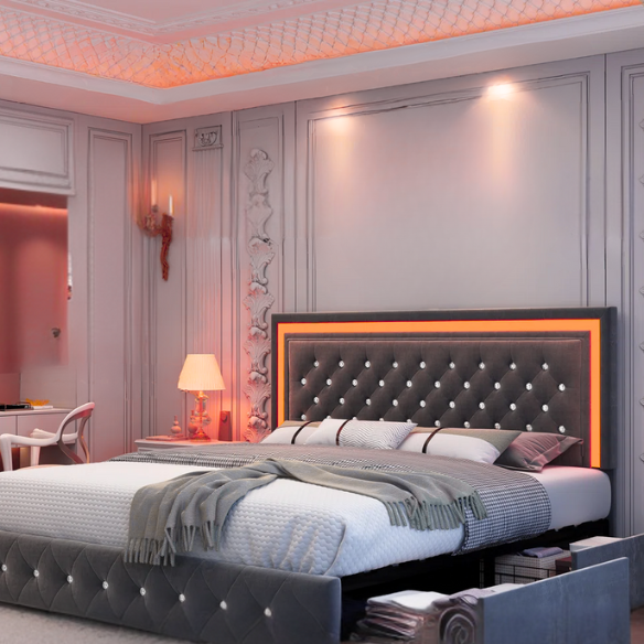 Dark grey full size velvet upholstered bed with RGB LED-lit headboard and footboard, four underbed storage drawers, and adjustable tufted headboard