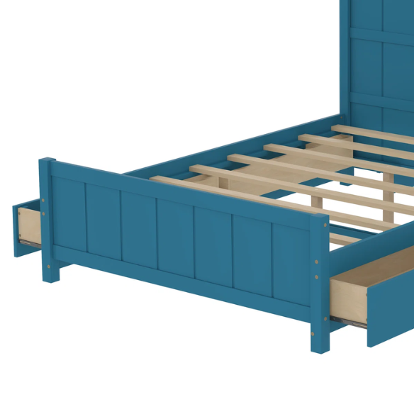 Dark teal full size platform bed with four underbed storage drawers, integrated headboard shelving, and solid wood slat support