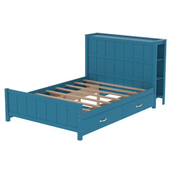 Dark teal full size platform bed with four underbed storage drawers, integrated headboard shelving, and solid wood slat support