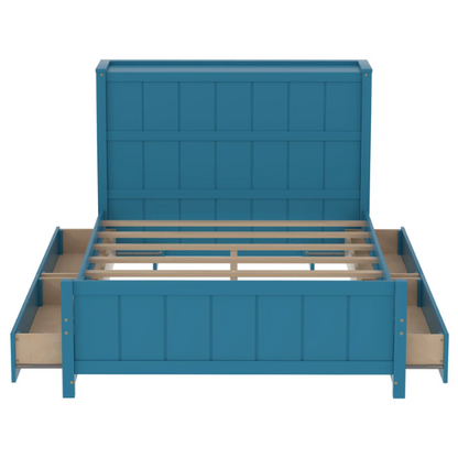 Dark teal full size platform bed with four underbed storage drawers, integrated headboard shelving, and solid wood slat support