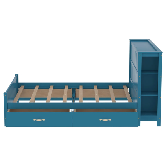 Dark teal full size platform bed with four underbed storage drawers, integrated headboard shelving, and solid wood slat support