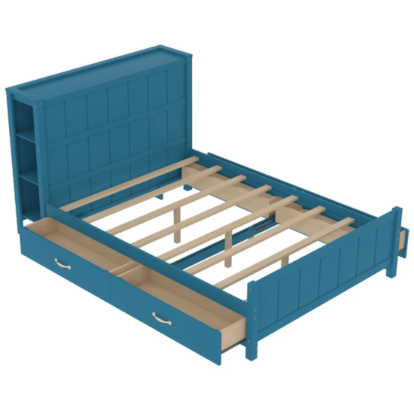 Dark teal full size platform bed with four underbed storage drawers, integrated headboard shelving, and solid wood slat support