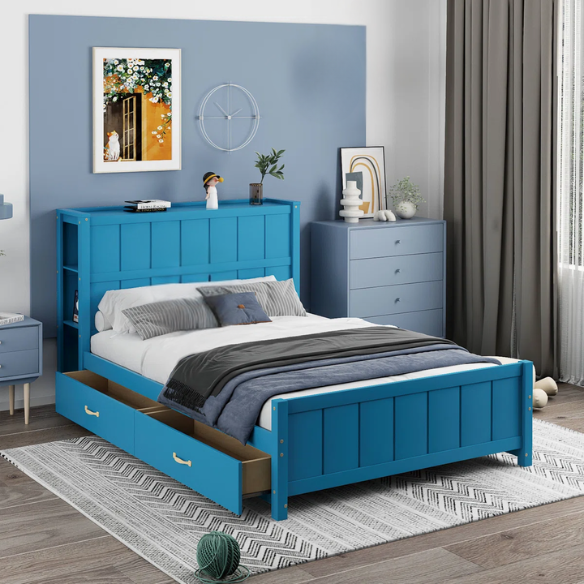 Dark teal full size platform bed with four underbed storage drawers, integrated headboard shelving, and solid wood slat support