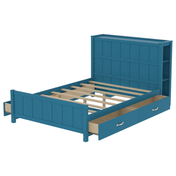Dark teal full size platform bed with four underbed storage drawers, integrated headboard shelving, and solid wood slat support