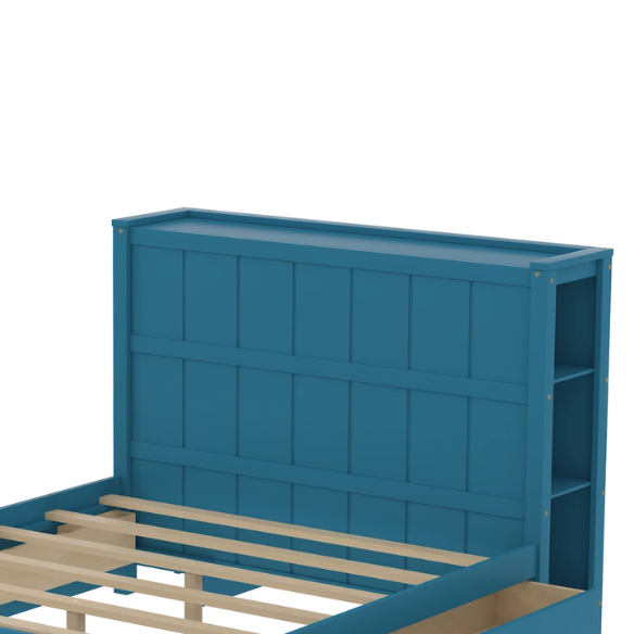 Dark teal full size platform bed with four underbed storage drawers, integrated headboard shelving, and solid wood slat support