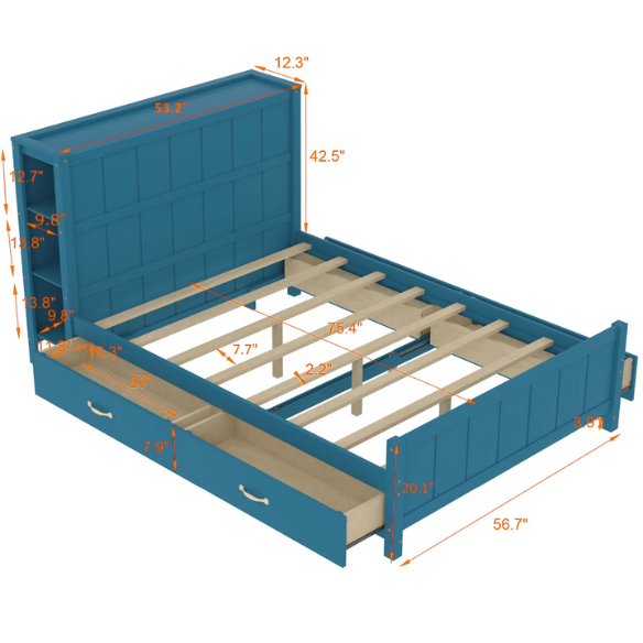 Dark teal full size platform bed with four underbed storage drawers, integrated headboard shelving, and solid wood slat support