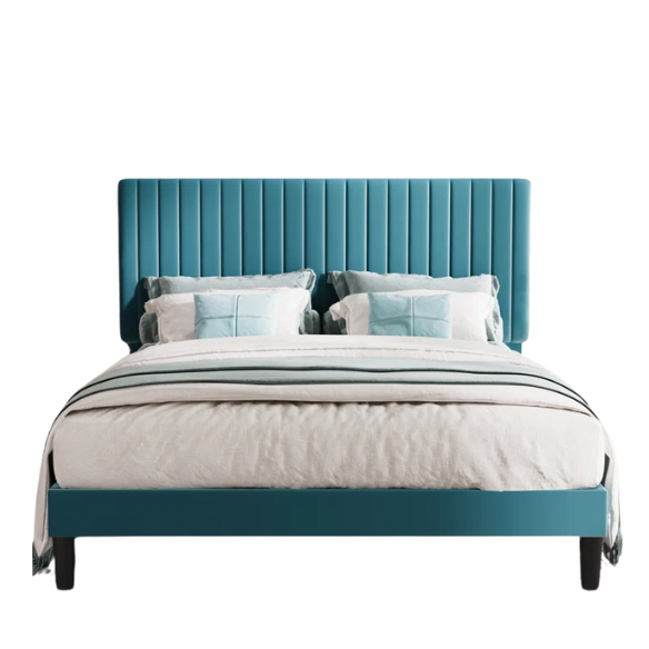 Dark turquoise queen size velvet upholstered bed with tufted headboard and low-profile wood frame.

