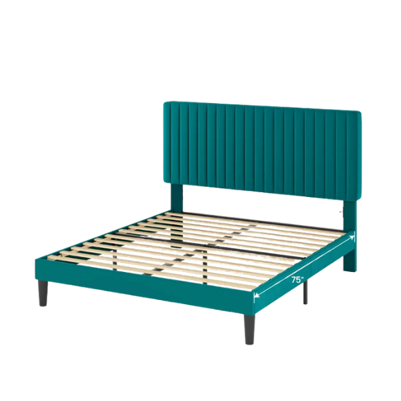 Dark turquoise queen size velvet upholstered bed with tufted headboard and low-profile wood frame.

