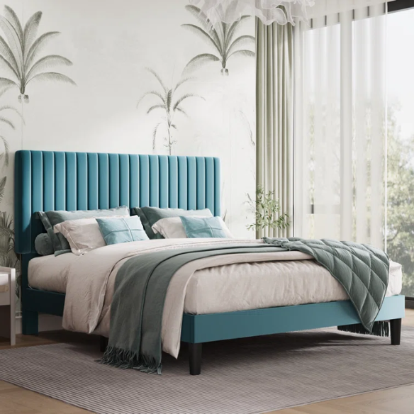 Dark turquoise queen size velvet upholstered bed with tufted headboard and low-profile wood frame.

