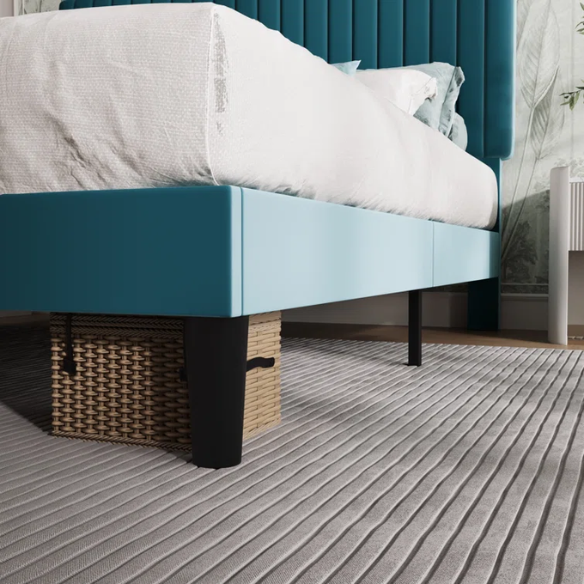 Dark turquoise queen size velvet upholstered bed with tufted headboard and low-profile wood frame.

