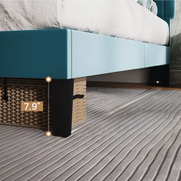 Dark turquoise queen size velvet upholstered bed with tufted headboard and low-profile wood frame.

