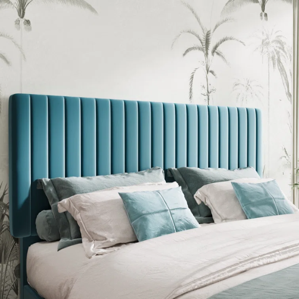 Dark turquoise queen size velvet upholstered bed with tufted headboard and low-profile wood frame.

