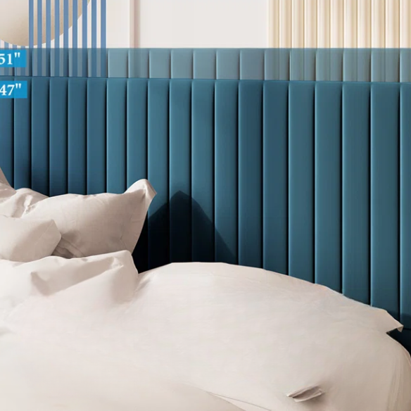 Dark turquoise queen size velvet upholstered bed with tufted headboard and low-profile wood frame.

