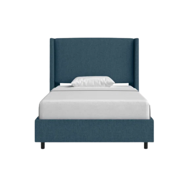 Deep teal king-size upholstered bed in linen fabric with wingback headboard and low-profile black metal legs.

