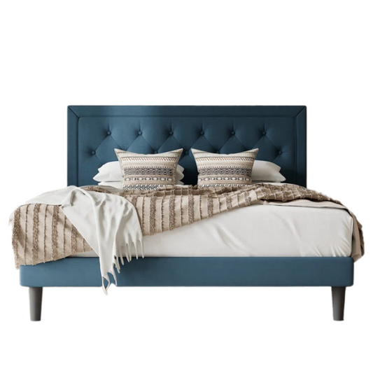 Deep teal queen-size upholstered bed with linen fabric, button-tufted adjustable headboard, and 8-inch underbed clearance.


