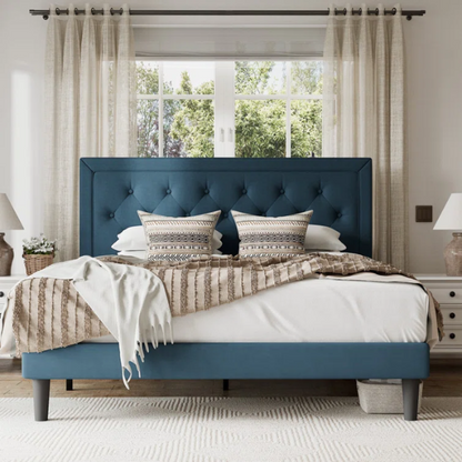Deep teal queen-size upholstered bed with linen fabric, button-tufted adjustable headboard, and 8-inch underbed clearance.


