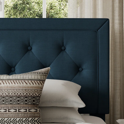 Deep teal queen-size upholstered bed with linen fabric, button-tufted adjustable headboard, and 8-inch underbed clearance.

