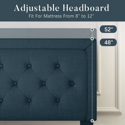 Deep teal queen-size upholstered bed with linen fabric, button-tufted adjustable headboard, and 8-inch underbed clearance.

