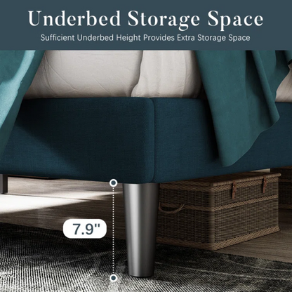 Deep teal queen-size upholstered bed with linen fabric, button-tufted adjustable headboard, and 8-inch underbed clearance.

