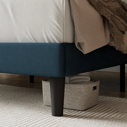 Deep teal queen-size upholstered bed with linen fabric, button-tufted adjustable headboard, and 8-inch underbed clearance.

