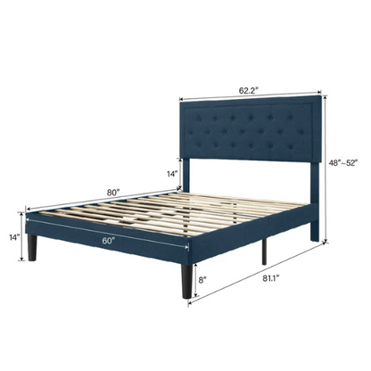 Deep teal queen-size upholstered bed with linen fabric, button-tufted adjustable headboard, and 8-inch underbed clearance.

