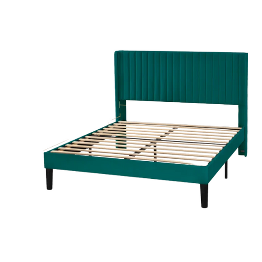 Deep teal velvet upholstered queen bed with tufted wingback headboard, 8-inch clearance, and a solid wood frame.

